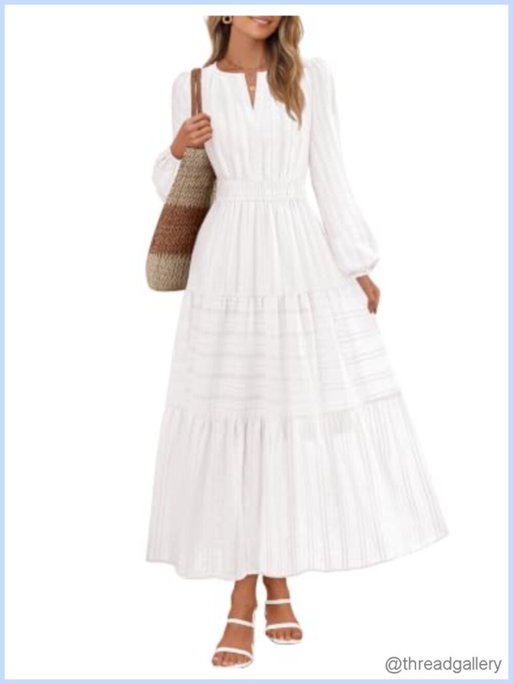 Women's Puff Long Sleeve V Neck Tiered Midi Maxi Dress Casual Modest